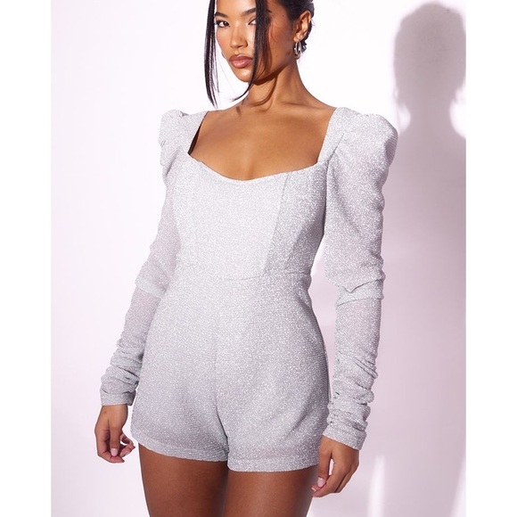 PrettyLittleThing Pants - PrettyLittleThing Silver Metallic Playsuit Romper